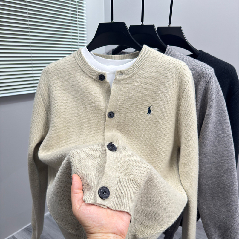 High-End Knitted Cardigan Men's Sweater Jacket Spring and Autumn Thickened Round Neck Single-Breasted Embroidered Design Men's Top