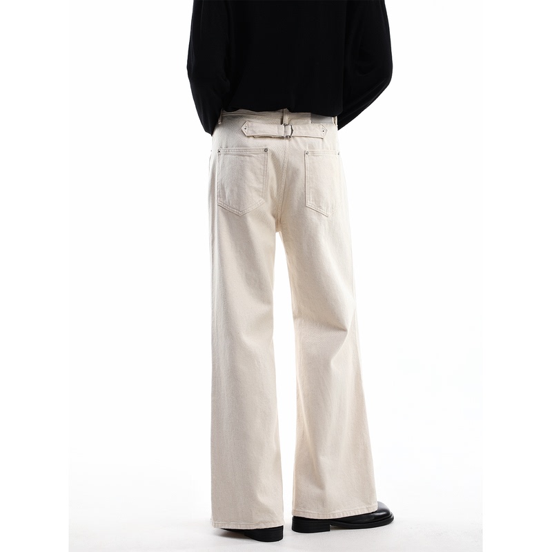 Lhhomme Retro Old Money Style Decorative Buckle Jeans, Straight-Leg, Floor-Length, Drapey, Pure Cotton Texture Pants