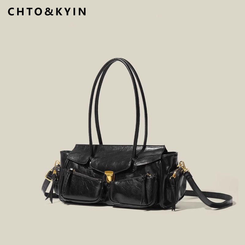 Chto&Kyin Women's Retro Sweet and Cool Biker Bag, High-End Large-Capacity Commuter Shoulder Bag, Underarm Crossbody Bag