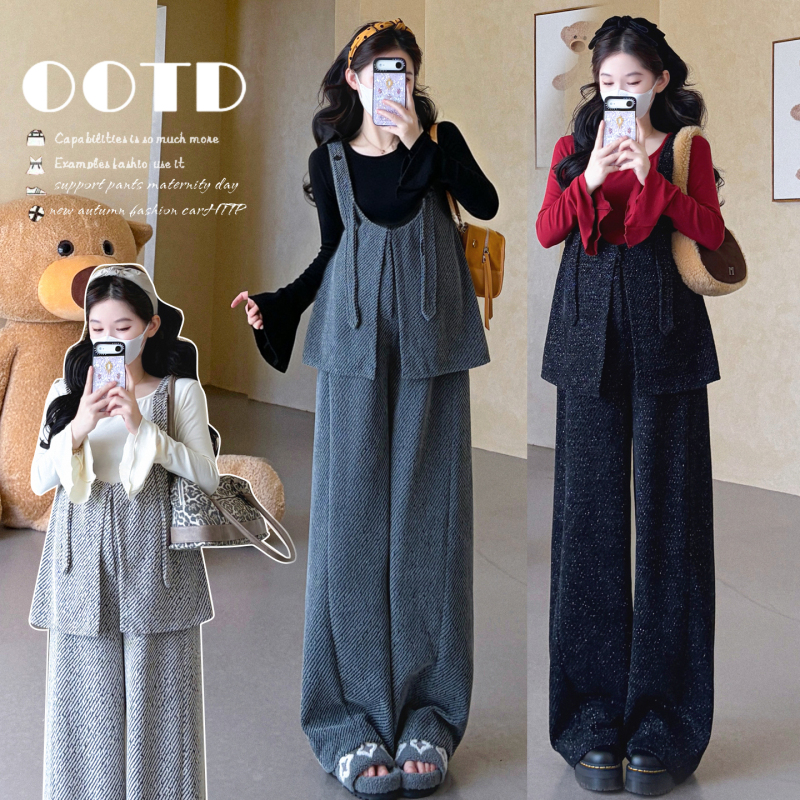 Pregnant Women's Outfit Set for Autumn and Winter 2026: Stylish Adjustable Overalls and Flared Sleeve Top Maternity Set Pregnant Women's Outfit Set for Autumn and Winter 2026: Stylish Adjustable Overalls and Flared Sleeve Top Maternity Set
