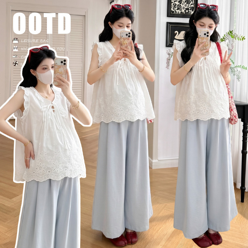 Trendy Maternity Wear for Summer: New Embroidered Crochet Shirt Top + Drawstring Wide-Leg Pants Maternity Set Trendy Maternity Wear for Summer: New Embroidered Crochet Shirt Top + Drawstring Wide-Leg Pants Maternity Set