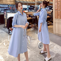 2021 autumn pregnant women dress loose fashion lapel collar personality tide hot mother long shirt dress professional wear