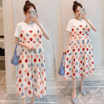 2021 summer dress pregnant women dress chiffon wave spot small clear trendy hot mom fake two pieces of long pregnant women Cotton