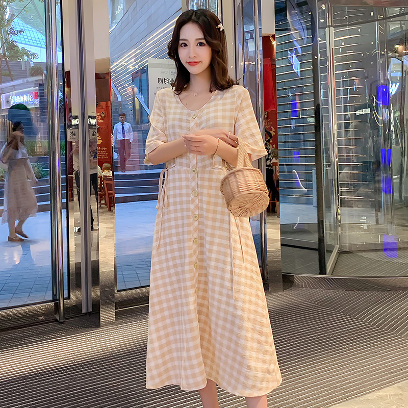 Maternity summer dress plaid small fresh summer fashion foreign trendy hot mom summer maternity long skirt chiffon