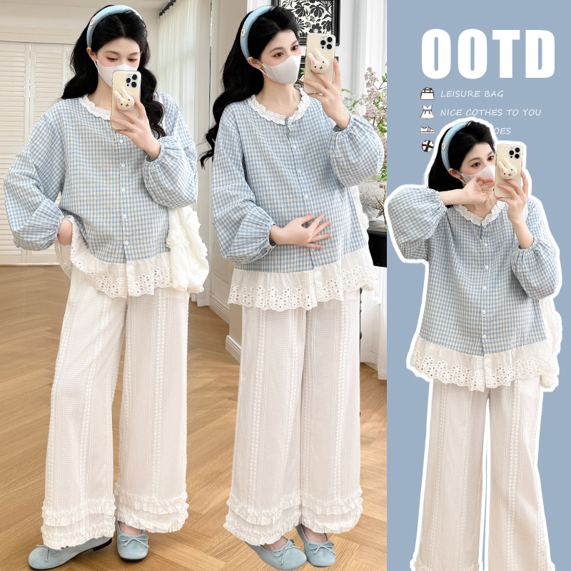 New Style French-Style Outfit for Pregnant Women: Fresh Blue Plaid Patchwork Lace Shirt + Textured White Pants Maternity Set