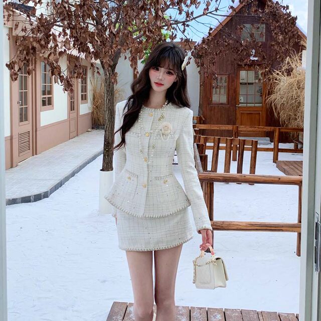 Lined Fabric Comes with a Brooch 2026 Spring New Style Small Chanel-Style Suit Woven Sequin Jacket and Skirt Two-Piece Set Hy0132