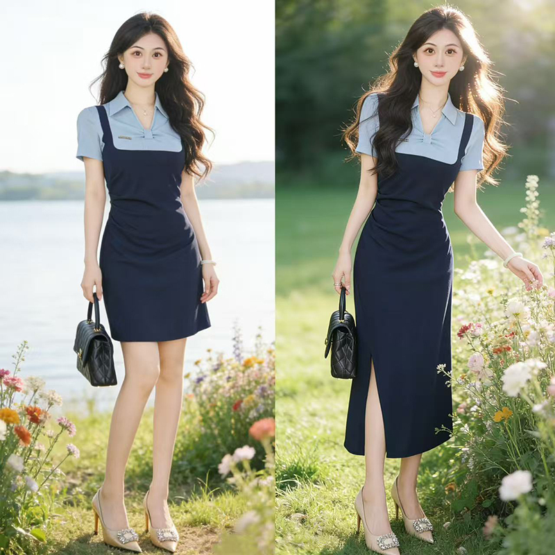 [Zhang Xiaoxiao] "Rabbit Police Officer" [Blue] Summer Lapel Fake Two-Piece Patchwork A-Line Dress D5091