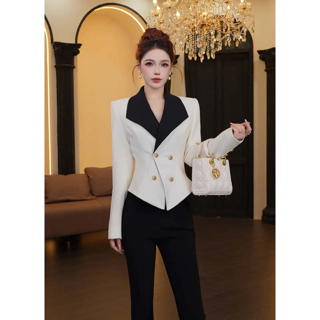 2026 Spring New Women's Slim Fit Elegant Minimalist Versatile Patchwork Socialite Jacket and Pants Two-Piece Set D3837