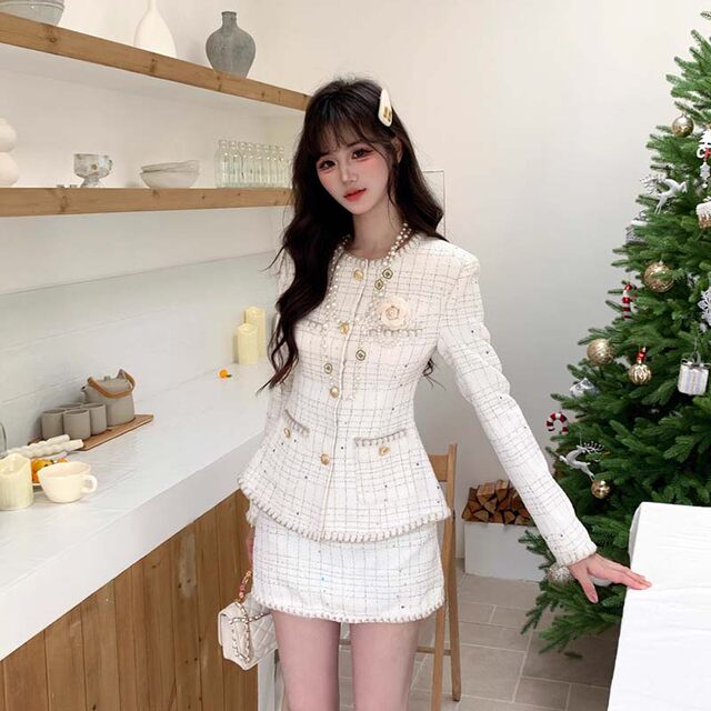 Lined Fabric Comes with a Brooch 2026 Spring New Style Small Chanel-Style Suit Woven Sequin Jacket and Skirt Two-Piece Set Hy0132