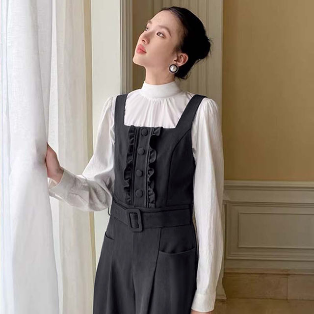 2026 Spring New Women's French Retro Ruffle Edge Waist-Cinching Jumpsuit Fake Two-Piece Jumpsuit D4692