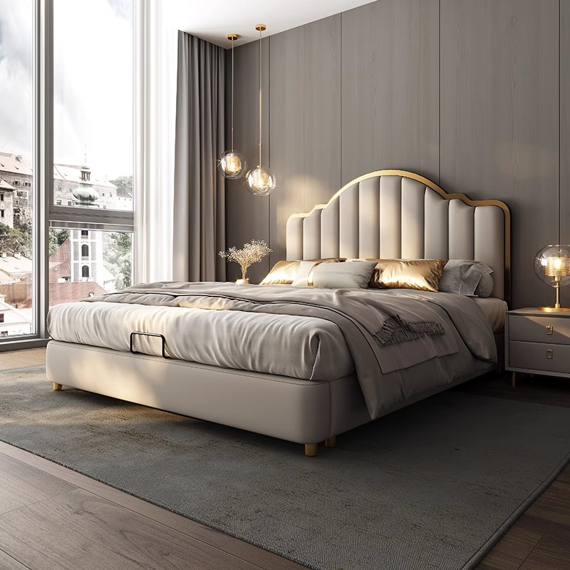 Modern Light Luxury Master Bedroom Bed, High-End, Elegant, Simple, Upholstered, 1.8m Double Thin Headboards, Wedding Genuine Leather Luxury Bed