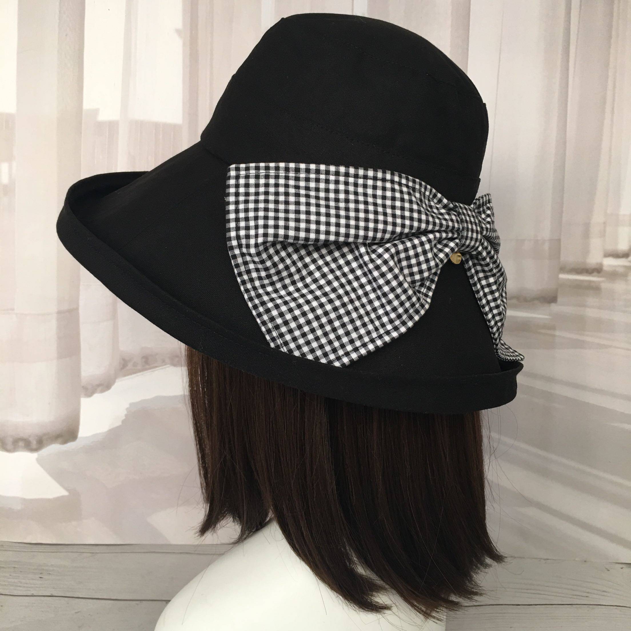 Japanese single black beige windproof rope plaid bow UV cut sunscreen big brim fisherman hat