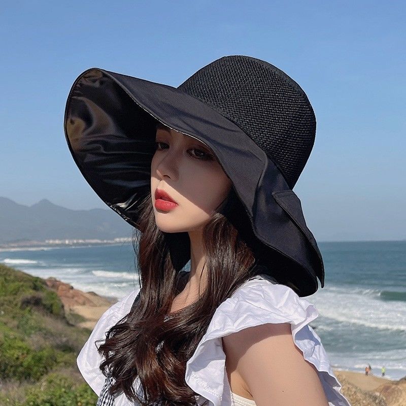 Black glue beach hat sun hat female summer hollow straw hat big brim cover face sunscreen sun fisherman hat