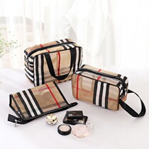Transparent Plaid Hand Makeup Bag Double Mesh Yarn PVC Waterproof Wash Toiletry Bag Mesh Three Sets Bathing Fitness Bag