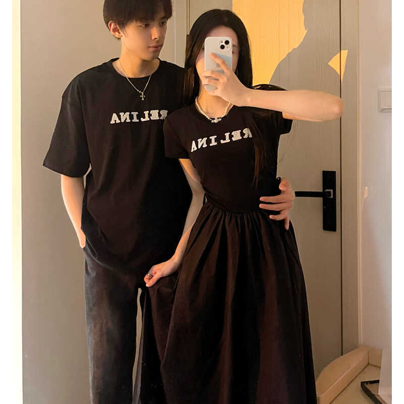 Fashionable Letter Couple Outfits Summer Dress Women's New Summer Short-Sleeve T-Shirt Pants Men's Set One Skirt One Shirt