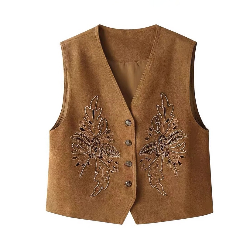 European-Style High-End Heavy-Duty V-Neck Hollow-Out Embroidered Suede Vest Jacket for Women, Layered Short Vest Trendy