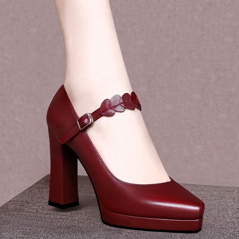 Soft Leather High-Heeled Shoes for Women 2026 New Style Thick Heel Versatile Spring and Autumn Waterproof Platform Soft Sole Professional Leather Shoes for Women