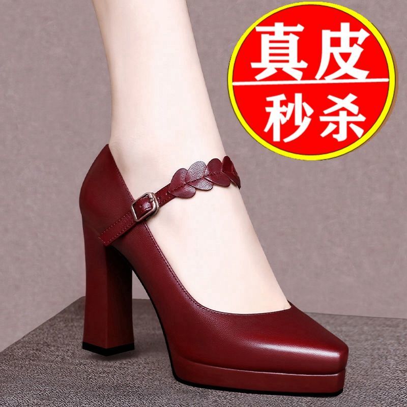Genuine Leather High-Heeled Shoes for Women 2026 New Style Thick Heel Versatile Spring and Autumn Waterproof Platform Soft Sole Professional Leather Shoes for Women