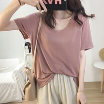 Japan summer copper ammonia silk top womens solid color thin U-neck T-shirt Modal loose breathable all-in-one base shirt