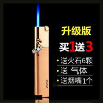 Small ears straight flush inflatable lighter windproof creative grinding wheel blue flame thin free lettering fixed fire Net red version