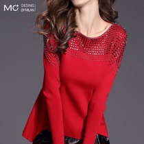 2021 autumn new nail bead base shirt womens long sleeve with red sweater foreign style slim collar sweater