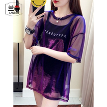 Lanben shiny silk mesh short sleeve t-shirt womens sling Summer 2020 new large size long loose clothes two