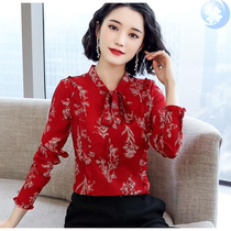  Chiffon shirt womens long-sleeved 2020 spring and summer new Korean version of the business suit bow streamer top printed shirt