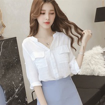 2021 Summer Retro Port Flavor Cautious Machine Top Female Design Sense Small Blouse French White Cotton Shirt