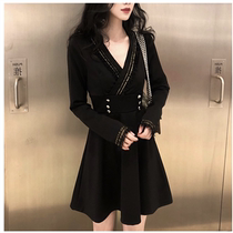 French counter 2021 autumn new v-neck long sleeve sexy waist dress tight Hepburn little black dress A- line dress women