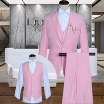 Pink suit three-piece mens suit Best man suit Korean slim spring and autumn performance casual formal studio suit