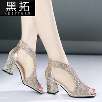   Shiny breathable rhinestone womens shoes new summer sandals open toe matte spring and autumn medium heel thick heel mesh zipper