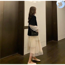  Large size womens suit spring fat mm medium-long fairy mesh dress sweater belly cover two-piece set 200