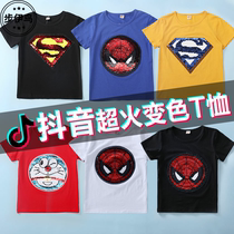 Boy Short Sleeves T-shirt Face Sheets Childrens Clothes Spider-Man Costumes Superman Flip in Color