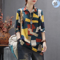  2019 new long-sleeved pullover women lapel stitching linen top loose retro plaid medium-long shirt