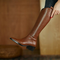 Boots autumn and winter 2020 new leather pointed high boots childrens wild thick heel knee-high cowboy knight boots