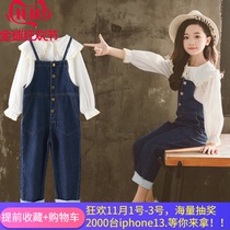 South Korea SZCK girls strap pants set 20 Autumn new childrens foreign baby collar denim two-piece set