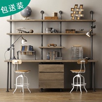 Industrial wind loft Wrought iron solid wood water pipe desk bookshelf combination word partition wall hanging multi-layer custom student