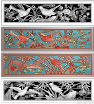 Carved figure relief figure grayscale figure bmp wood carving figure flowers and birds plum orchid bamboo chrysanthemum horizontal board hollow drawer bezel double bird