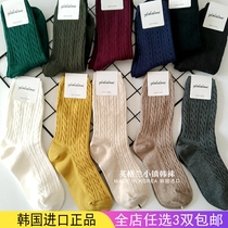 Imported Korean twist middle tube autumn and winter women thick cotton solid color long tube warm dark ins tide black Japanese pile socks
