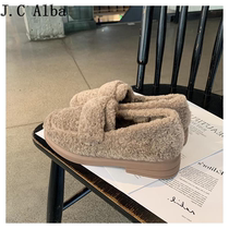 Lamb womens winter outerwear fur shoes with all-match heightening and thin plus velvet shoes slip-on thick-soled loafers