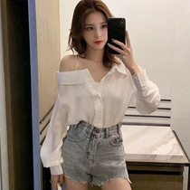 2021 summer womens new design sense niche Chiffon shirt womens long-sleeved off-the-shoulder wild word shirt top