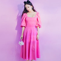 European Guli Naza star with Rose 2021 new square collar bubble sleeve rose red waist dress