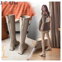 Womens boots 2022 high-heeled boots but knee boots winter plus velvet new winter style long leather boots mid-tube boots