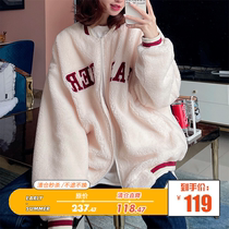 Seven4lee small red black lamb wool jacket thickened American baseball jacket jacket