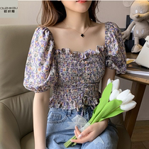 Vintage floral chiffon shirt womens summer new foreign style square collar exposed clavicle short shirt pleated design top