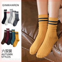 Stockings Socks mid-tube black spring calf socks Deodorant mid-tube cold-resistant striped socks Knitted red tide turmeric  