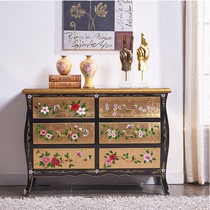 American-style painted porch cabinet living room Chinese classical retro decoration solid wood locker hand-painted gold leaf storage drawer