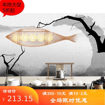 Tea room new Chinese bamboo art restaurant tatami balcony creative bamboo weaving pastoral Japanese rattan art chandelier fish lamp Zen