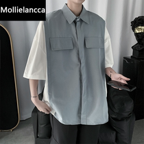 ins Hong Kong style is very fairy short sleeve shirt male loose seven-point sleeve Korean version of trend Ruffian handsome work shirt