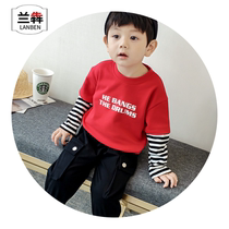 Lan Ben boys long sleeve T-shirt Spring and Autumn New Korean version of children Red fake two body white stripes on